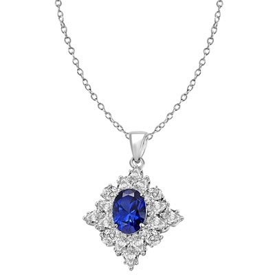 Prong Set Designer Pendant with Artificial Oval Cut Sapphire Center and Pear Cut Brilliant Diamonds by Diamond Essence set in Sterling Silver