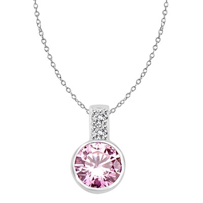 Platinum Plated Sterling Siver Pendant, 2.06 cts. In all with a 2.0 cts. Bezel-Set Round cut Pink Essence Bezel Set center.
