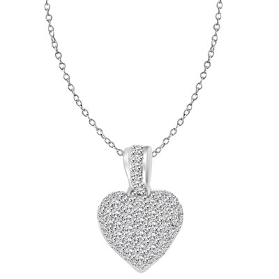Craftman's delight Heart Pendant with micro pave set Diamond Essence accents shining your love like never before. There are tiny accents on the bale to highlight the overall glory effect. 2.5 Cts. T.W. set in Platinum Plated Sterling Silver.