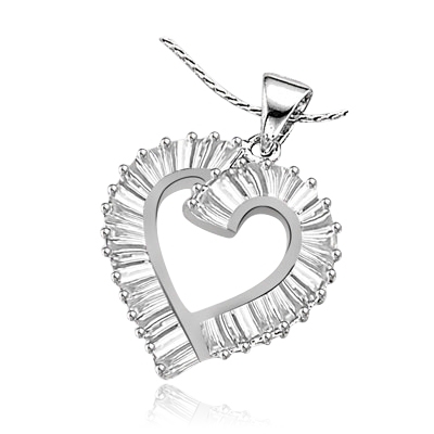Light-catching baguettes pave our tender open-heart pendant. 3.0 cts. t.w. in Platinum Plated Sterling Silver.
