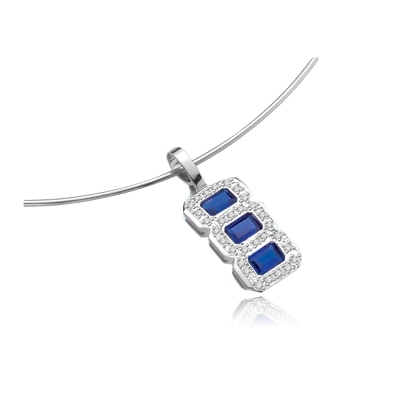 Bar Set Pendant with Three Simulated Radiant Emerald Cut Sapphire Center and Round Brilliant Melee Diamonds by Diamond Essence set in Sterling Silver