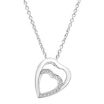 Platinum Plated Sterling Silver pendant with two hearts as one. The larger heart gleams protectingly. The smaller heart nestled lovingly inside flutters with a beautifully bedecked melee of Diamond Essence masterpieces.