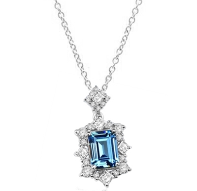 Diamond Essence emerald cut aquamarine stone, surrounded by melee and square cut aquamarine stones, 4.50 cts.t.w. set in Platinum Plated  Sterling Silver. (Chain not included).