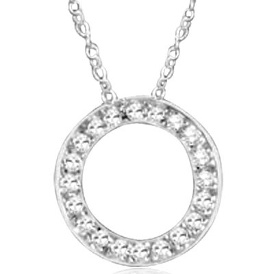 An endless journey.  Platinum plated sterling silver, circular pendant showing off Round Brilliant Diamond Essence stones, 2.5 cts.t.w. on 18" length chain. Free Silver Chain Included.