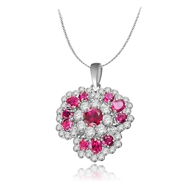Flower effect ruby & white stone pendant in platinum plating
