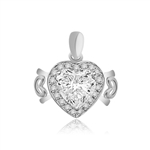 Beautiful Heart Pendant, showing off 4 carat Heart cut Diamond Essence stone set in prong setting, surrounded by round brilliant stones and 2 small hearts on either side. 5.0 cts.t.w. in Platinum Plated Sterling Silver.