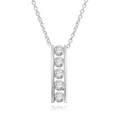 Diamond Essence round brilliant stones, 0.5 ct. each, set in a row between two bars channel setting. 2.5 cts.t.w.in Platinum Plated Over Sterling Silver.