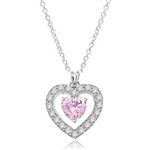 Three carat heart shape Pink Essence stone in prong setting, is surrounded by round brilliant Diamond Essence stones, making another heart. 4.0 cts.t.w. in Platinum Plated Sterling Silver.