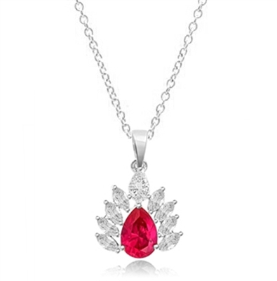 Prong Set Designer Pendant with Simulated Pear Cut Ruby Essence and Brilliant Marquise Diamonds by Diamond Essence set in Sterling Silver