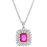 Diamond Essence 4 carat Ruby Emerald cut stone supported by silver bars on four corners and group of five round brilliant stones on each side. 6 cts.t.w. set in Platinum Plated Sterling Silver.