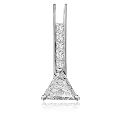 Diamond Essence princess cut melee set between two bars and two carat Trilliant cut Diamond Essence at the bottom makes aa elegant pendant for daily wear. 3 cts.t.w. in Platinum plated Sterling Silver.
