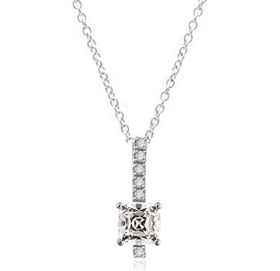 Elegant Pendant with 3 carat Cushion cut Diamond Essence stone in four prong setting, with Round Brilliant stones in four prongs, set on a bar. 4.0 cts.t.w. in Platinum Plated Sterling Silver