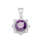 Designer Pendant with Round Amethyst Essence in center surrounded by Round Brilliant Diamond Essence and Melee. 4.5 Cts. T.W. set in Platinum Plated Sterling Silver.