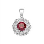 Diamond and Ruby Pendant - 2.0 cts. Round Ruby Essence in center surrounded by Pear Cut Diamond Essence and Melee. 5.5 Cts. T.W. set in Platinum Plated Sterling Silver.