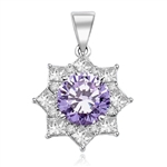 Pendant with 3.50 Cts. Round Lavender Essence in center surrounded by Princess Cut Diamond Essence and Melee. 6.50 Cts. T.W. set in Platinum Plated Sterling Silver.
