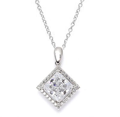 Diamond Essence Designer Pendant  with 2.5 ct. Princess Cut Stone sorrounded by Round Stones in Platinum Plated Sterling Silver.