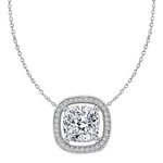 Diamond Essence Slide Pendant with 2.0ct. Cushion Cut Stone in center surrounded by round stones in Platinum Plated Sterling Silver.