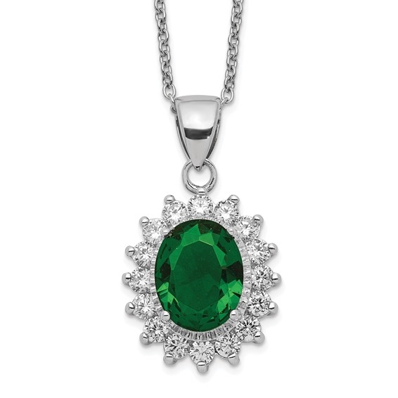 Platinum Plated Sterling Silver Diamond Essence Pendant With Emerald Essence Oval Cut Center Surrounded By Round Brilliant Melee, 3 Cts.T.W.