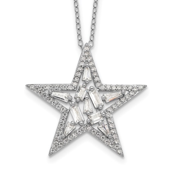 Platinum Plated Sterling Silver star pendant with 70 round brilliant melee & 10 baguettes in prong setting to shine starbright day or night. 2.50 cts.t.w.