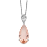 Diamond Essence Designer Morganite Pear Essence pendant  and Melee On the Bail, 7.20 Cts.T.W. In Platinum Plated Sterling Silver.
Approx Size 28mm Length And 10mm Width.