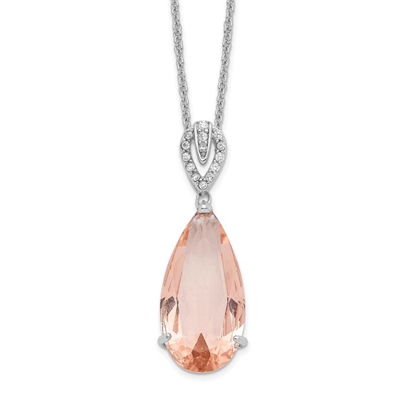 Diamond Essence Designer Morganite Pear Essence pendant  and Melee On the Bail, 7.20 Cts.T.W. In Platinum Plated Sterling Silver.
Approx Size 28mm Length And 10mm Width.