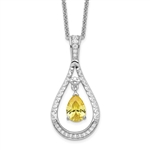 An exquisite prong-set designer teardrop pendant for women with pear cut citrine essence and round brilliant Diamonds by Diamond Essence set in platinum-plated sterling silver. 1.10 Cts.t.w.