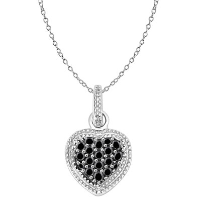 Prong Set Heart Pendant with Round Black and Brilliant Melee Diamonds By Diamond Essence set in Sterling Silver