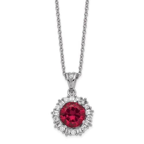Diamond and Ruby Pendant - 2.0 cts. Round Ruby Essence in center surrounded by princess Cut Diamond Essence and Melee. 5.5 Cts. T.W. set in Platinum Plated Sterling Silver.