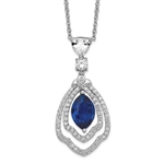 A marvelous prong set designer pendant for women with simulated 2.0 Cts. marquise cut sapphire center surrounded by a brilliant melee diamonds by Diamond Essence set in platinum plated sterling silver. 2.50 Cts.t.w.