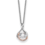 Diamond Essence Designer Pendant with Round Brilliant Stone and Melee, set in Platinum Plated Sterling Silver. 17.3mm Length x 10.5mm Width. with moving center.