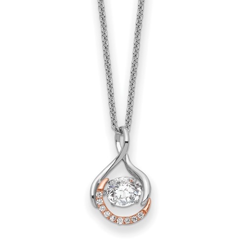 Diamond Essence Designer Pendant with Round Brilliant Stone and Melee, set in Platinum Plated Sterling Silver. 17.3mm Length x 10.5mm Width. with moving center.