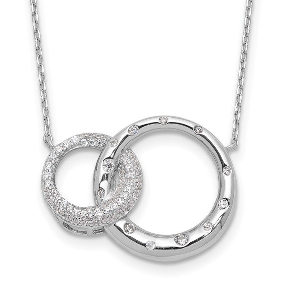 Interlocking circles with Diamond essence round brilliant stones in silver necklace.