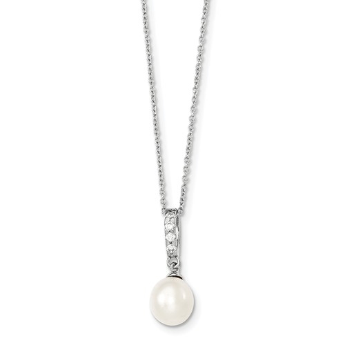 Diamond Essence Round Brilliant Melee and Fresh Water Cultured Pearl Pendant, 0.75 Ct.T.W. in Platinum Plated Sterling Silver. Chain Included.