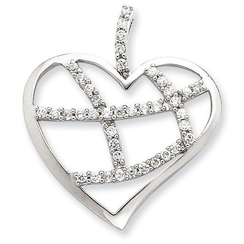 Diamond Essence Designer Heart Pendant with Crisscross design of Round Brilliant Melee in prong setting, 1.0 Ct.t.w. in Platinum Plated Sterling Silver.