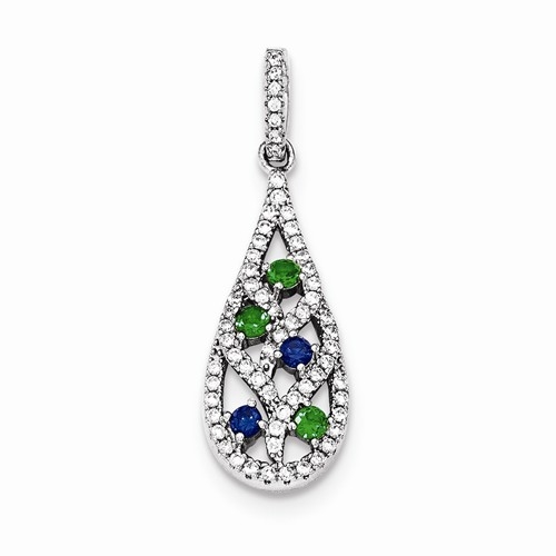 Diamond Essence Designer Tear Drop Pendant, with Emerald Essence and Sapphire Essence Round stones and Brilliant Melee set in prong setting. 1.10 Cts.T.W. in Platinum Plated Sterling Silver.