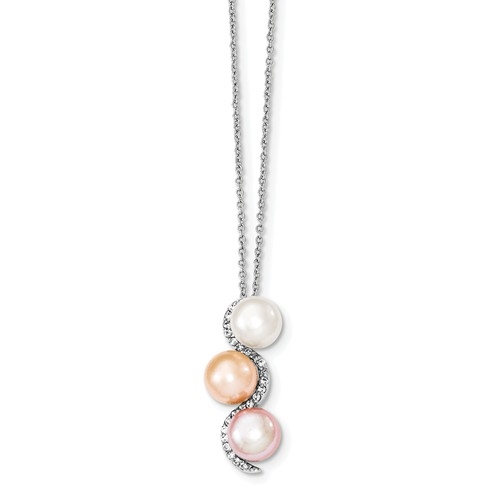 Diamond Essence Multi color Fresh water Cultured Pearl And Brilliant Melee Pendant, 0.50 Cts.t.w. in Platinum Plated Sterling Silver. Chain Included.