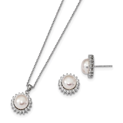 Diamond Essence Melee And Fresh Water Cultured pearl Earring Pendant set, 3.0 Cts.t.w. set in Platinum Plated Sterling Silver.