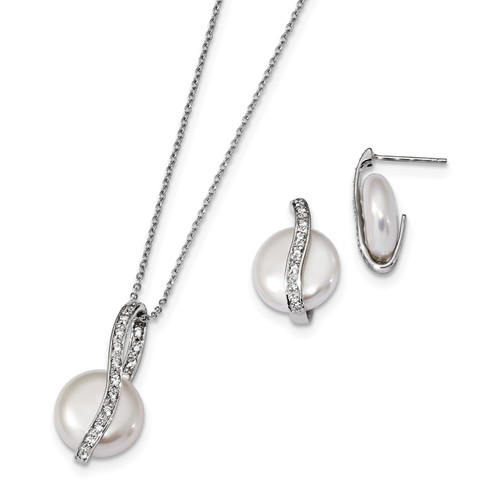Diamond Essence Coin Shape Pearl Set with Round Brilliant Melee, 1.0 Cts.t.w. set in Platinum Plated Sterling Silver.