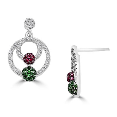 Diamond Essence, Ruby Essence and Emerald Essence melee set in artistic pave setting Earrings, 3.50 Cts.T.W. in Platinum Plated Sterling Silver.