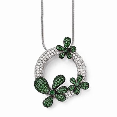 Diamond Essence Designer Pendant, with Round Brilliant melee and Emerald Essence melee set in artistic floral pave setting. 18" long chain with lobster clasp. 2.5 cts. t.w. in Platinum Plated Sterling Silver.