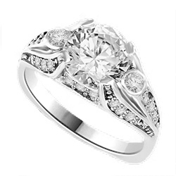 Diamond Essence Designer Ring with 2.0 Cts. Round Diamond Essence in center and melee on each side, 2.5 Cts. T.W.  set in Platinum Plated Sterling Silver.