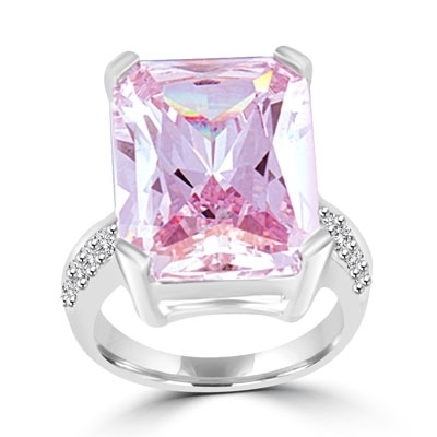 A stunning emerald-cut Lavender Essence stone floats in a raised four-prong setting, with melee on either side. 31.9 cts. t.w., in sterling silver.