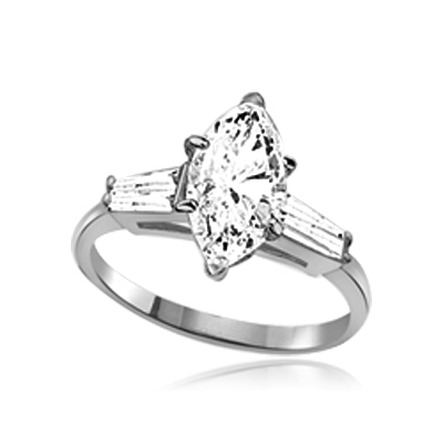 A 4.0 carats Diamond Essence Marquise cut stone in center with baguettes on each sides set in Platinum Plated Sterling Silver . 4.5 Cts. T.W.