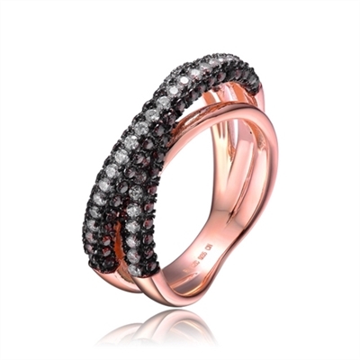 Rose Plated Sterling Silver Diamond Essence Designer Pave Ring With Round Brilliant Diamond Essence And Chocolate Essence Stones Set in Black Essence Prongs, 2.50 Cts.T.W.