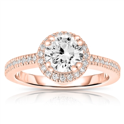 Diamond essence Designer Ring, with 1 carat Round Brilliant center stone set in artistic basket setting, surrounded by melee. Band with melee enhances the beauty, in Rose Gold Plated Sterling Silver.