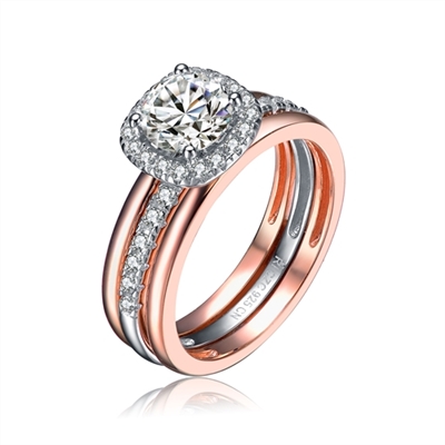 Diamond Essence Designer Ring in two tone. Center band with the Round Brilliant 1carat,surrounded by Diamond Essence melee.1.25 Cts. T.W. in Platinum Plated Sterling Silver & Rose gold plated over Sterling Silver. Ring with a detachable ring guard.