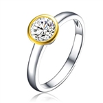 Diamond Essence Two Tone Solitaire Ring With 1 Ct. Round Brilliant Stone In Platinum Plated Sterling Silver.