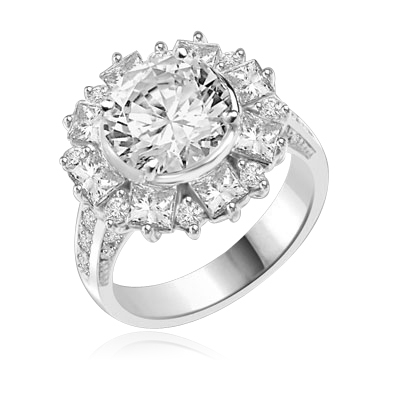 Classic Designer Ring with 3.0 Cts. Round Brilliant Diamond Essence Stone in the center, surrounded by 0.5 Ct. each Princess cut stones and round stones. Round melee set on band, makes it more artistic. 7.25 Cts.t.w. set in Platinum Plated Sterling Silver