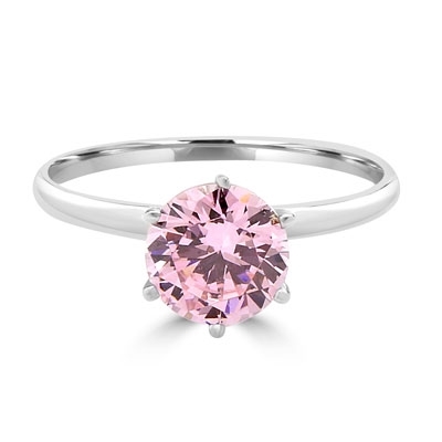 2.0 carat Pink Round Brilliant stone set in, Platinum Plated Sterling Silver, a perfect solitaire ring. ( Image in Yellow but Product in Platinum Plated Sterling Silver)