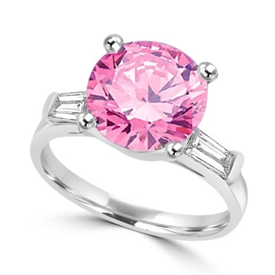 Diamond Essence  Pink stone of 3.5 cts. set in Platinum Plated Sterling Silver with baguettes on each side. 4.0 cts.t.w.